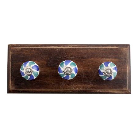 Blue Green Flower Ceramic Wooden Hooks